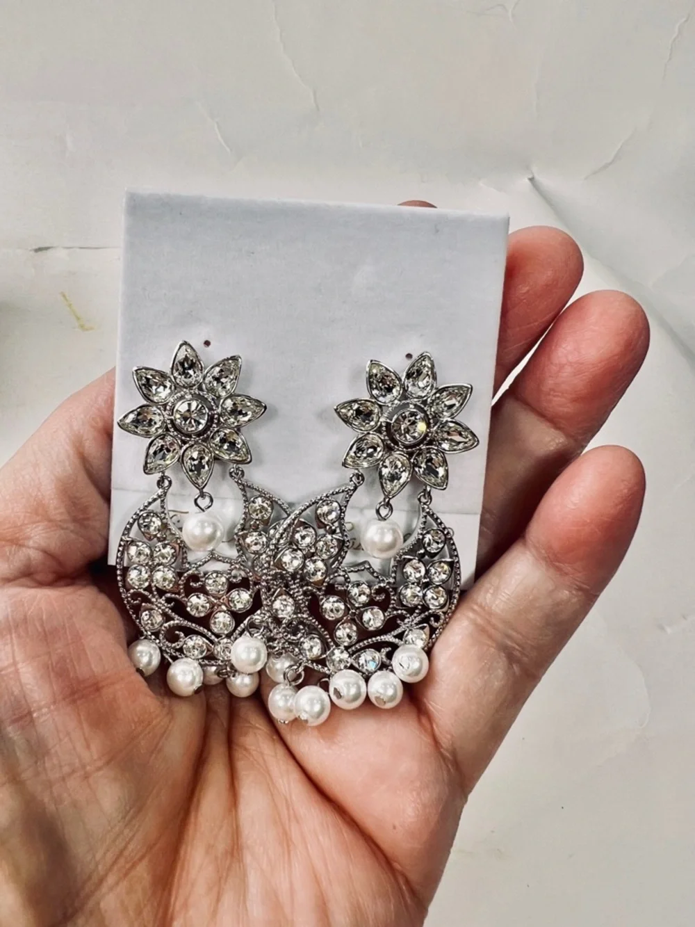 Fifth Avenue Collection Swarovski Silver Pearl Drop Chandelier Earrings - Picture 4 of 6